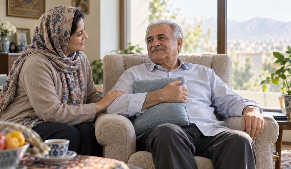 بیمار در دوره نقاهت عمل قلب باز در خانه، در کنار عضو خانواده و با بالش حمایتی روی قفسه سینه.
