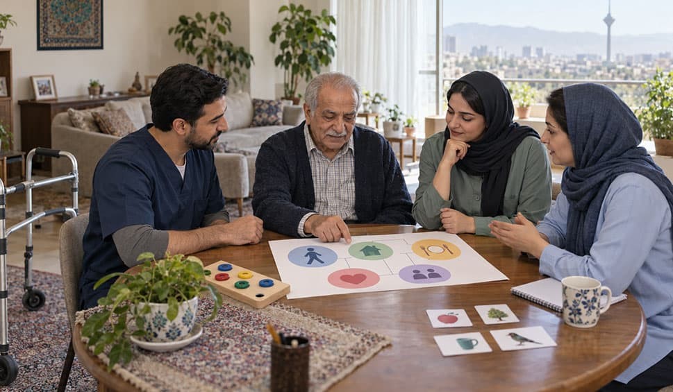 بیمار سالمند سکته مغزی همراه با تیم فیزیوتراپی، کاردرمانی و گفتاردرمانی برنامه توانبخشی در منزل را بررسی می‌کند.