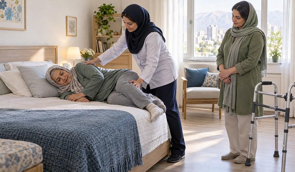 فیزیوتراپیست نحوه چرخیدن یکپارچه بدن و بلند شدن ایمن از تخت را به سالمند مبتلا به شکستگی مهره آموزش می‌دهد.