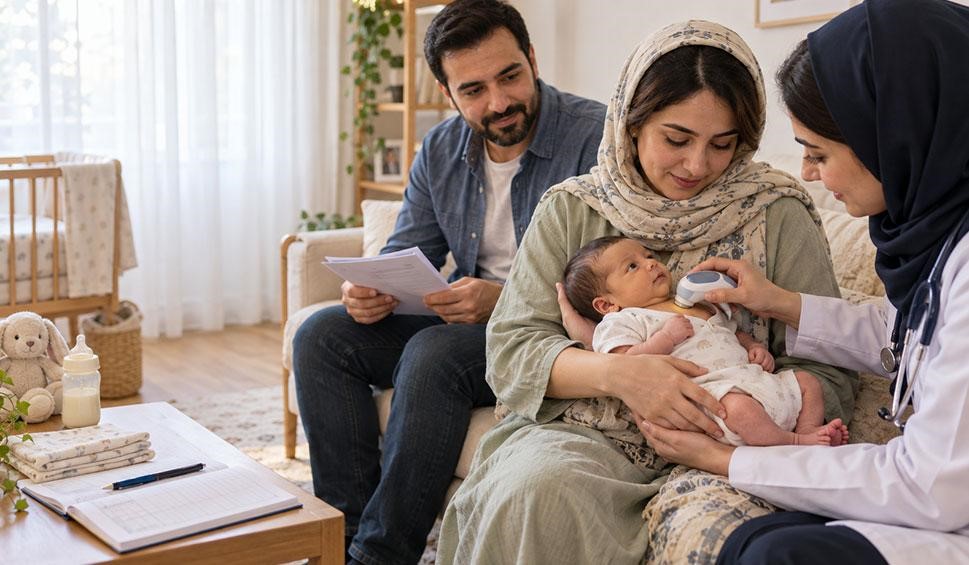 پزشک در منزل با دستگاه پوستی، زردی نوزاد را بررسی می‌کند.